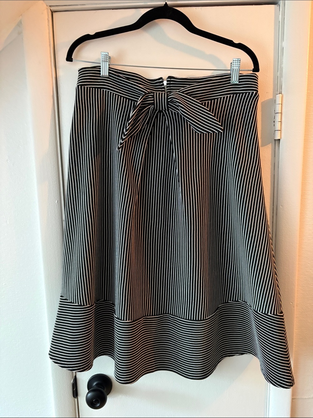 Alya Black and White Vertical-Stripe A-Line Skirt with Tie